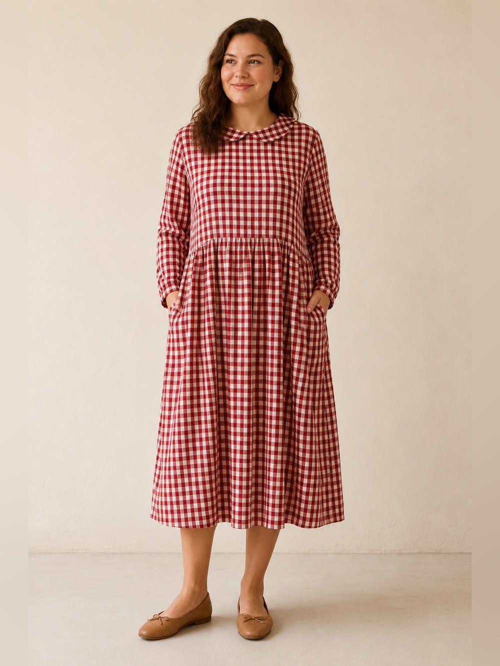 Son de Flor Red Gingham Long Sleeve Linen Smock Cottagecore Midi Dress Size XL
